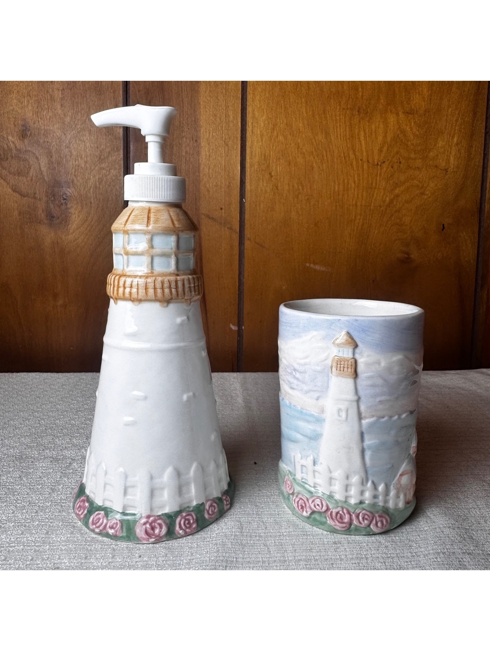 Vintage Ceramic Lighthouse Soap Dispenser And Tumbler Cup Coastal Bathroom Set - Picture 2 of 6